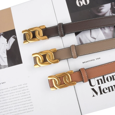 Women Top Layer Cowhide Leather Belt Reversible Litchi Grain Strap With Alloy Interlocking Buckle For Casual Pants