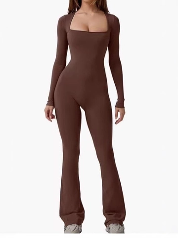 Women Sexy Jumpsuit Square Neck Long Sleeve Slim Fit High Elastic Flared Leg Bodysuit Elegant Solid Color