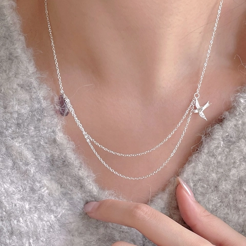 Collana A Doppio Strato In Argento Sterling 925 Con Pendente A Forma Di Rondine E Cristallo A Goccia Viola Gioiello Minimalista