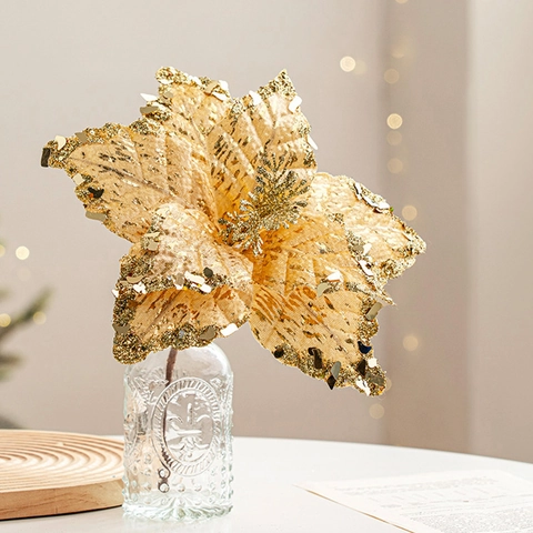 Artificial Christmas Poinsettia Flowers Glitter Sequin Velvet Sparkling Tree Ornaments Festive Home Party Decor Photo Props Elegant