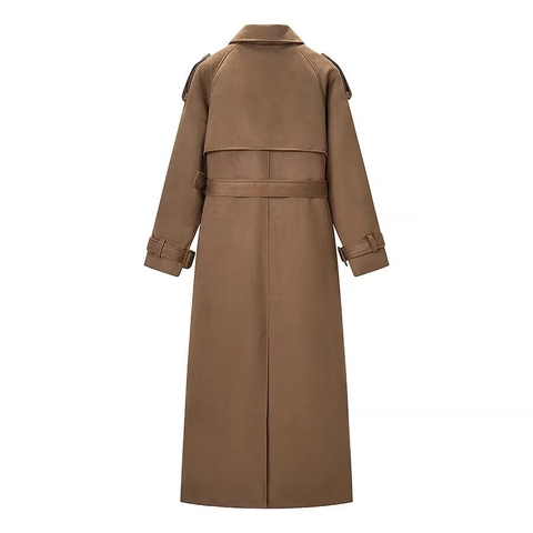 Women Elegant Double Breasted Trench Coat With Belt Long Sleeve Lapel Suede Look Solid Color Casual Autumn Winter Outerwear