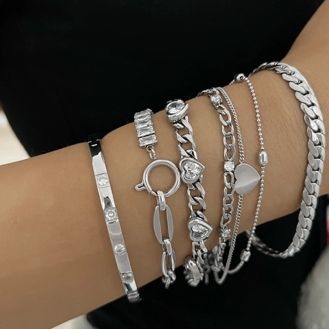 Bracciale In Acciaio Inossidabile Zirconia Colorata Pendente Cuore Catena Cubana Giunzione Gioielli Moda Donna