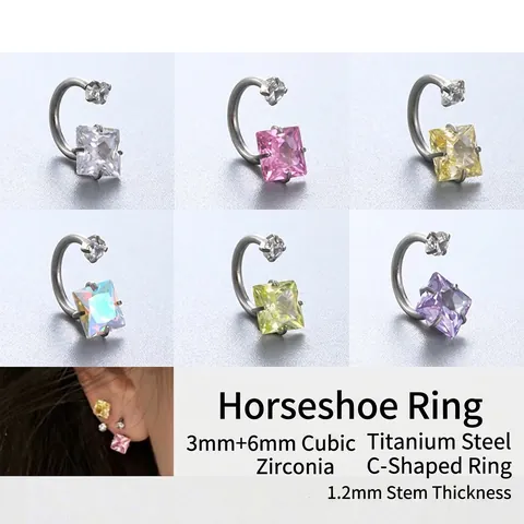 Titanium Roestvrij Staal Oorkraakbeen Stud Hoefijzer Ring Vierkante Zirkonia Piercing Sieraden Trendy Voor Dames