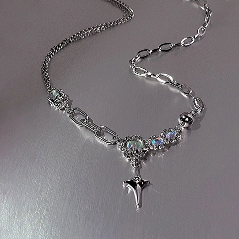 Titanium Staal Ster Maansteen Hanger Halsketting Voor Mannen Vrouwen Asymmetrische Ketting Gegalvaniseerde Legering Sieraden