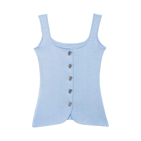 Women Knitted Tank Top Slim Fit Square Neck Button Down Solid Color Sexy Chic Knit Camisole Streetwear