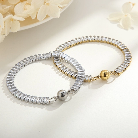 Stainless Steel Tennis Bracelet Cubic Zirconia Inlaid Magnetic Ball Clasp Rectangle Round Cut Jewelry For Women