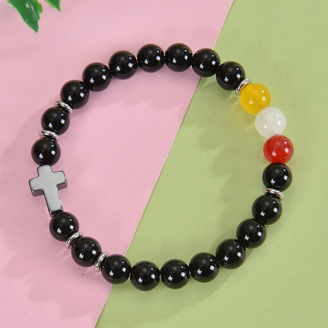 Bracciale Di Perline In Pietra Naturale Ossidiana Turchese Cristallo Ciondolo A Croce Elastico Gioielli Moda