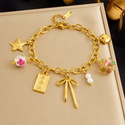 Bracciale Con Ciondoli Acciaio Inossidabile Placcato Oro Künstliche Perle Ceramica Fiocco Stella Cuore Perla Artificial Gioielli Pastorali Per Donna