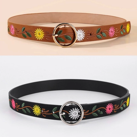 Damen Retro Bestickt PU Leder Gürtel Bohemian Ethnischen Stil Blumen Geometrische Muster Taillengürtel Mit Legierung Metallschnalle