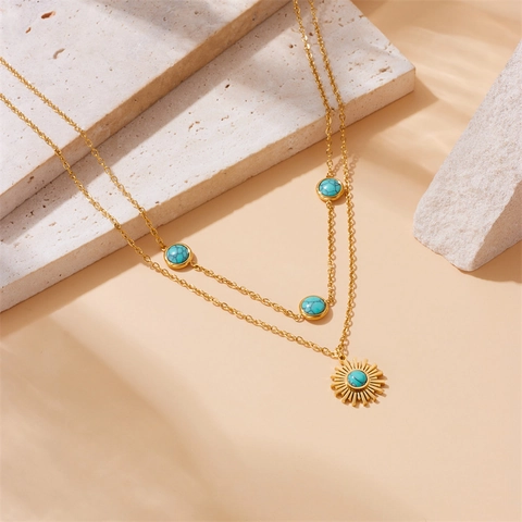 Stainless Steel Double Layer Necklace With Sunburst Pendant And Inlaid Turquoise Retro Gold Plated Jewelry For Women