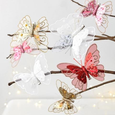 Mollette Farfalla Maglia Glitter Künstliche Perle Artificiali Decorazioni Appese Albero Natale Doppio Strato Festa