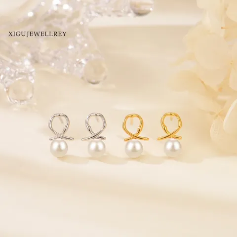 925 Sterling Silver Artificial Pearl Stud Earrings For Women Elegant Cross Line Twisted Design Ear Jewelry Platinum Gold Plated Small Dainty Earrings