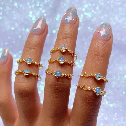 Saturn Planet Finger Ring With Blue Round Stone And Zircon Accents Brass Fashion Jewelry For Women Aesthetic Style