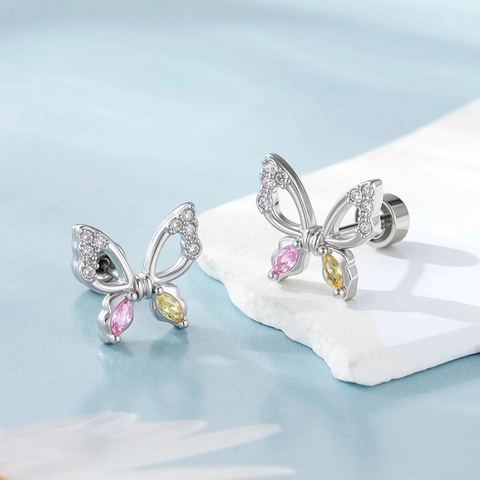 Butterfly Ear Cartilage Stud Titanium Steel Micro Inlaid Pink Yellow Zircon Piercing Screw Back Vintage Elegant Jewelry