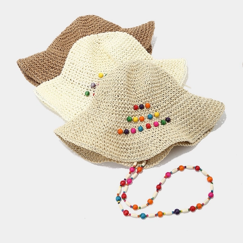 Bohemian Women Paper Straw Bucket Sun Hat Hollow Out Colorful Wood Beads Large Brim Summer Beach Vacation Wind Lanyard