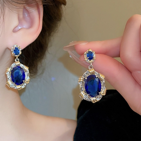 Pendientes Colgantes Ovalados De Circonita Azul Estilo Corte Francés Para Mujer Con Poste De Plata Esterlina 925