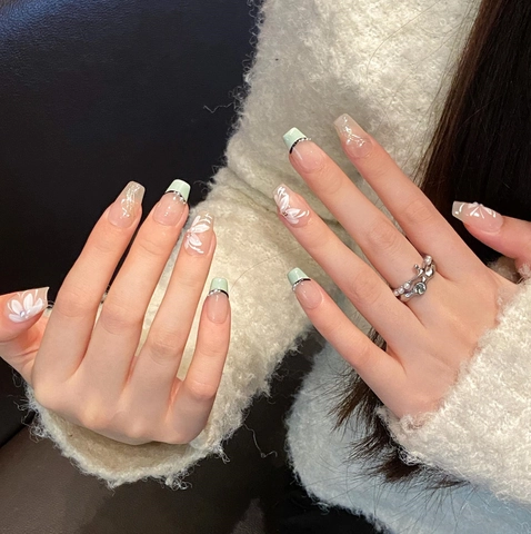Uñas Postizas Hechas A Mano Verde Menta French Tips Flores Pintadas Perla Artificial Elegantes Uñas Postizas Mujeres