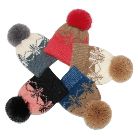 Gorro De Punto De Invierno Con Patrón Jacquard De Copo De Nieve Y Pompon De Piel Sintética Cálido A Prueba De Viento Mujer