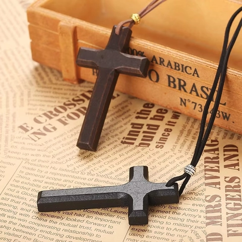Vintage Handmade Wood And Alloy Cross Pendant Necklace Double Layer Long Adjustable Cord Sweater Chain For Men Women