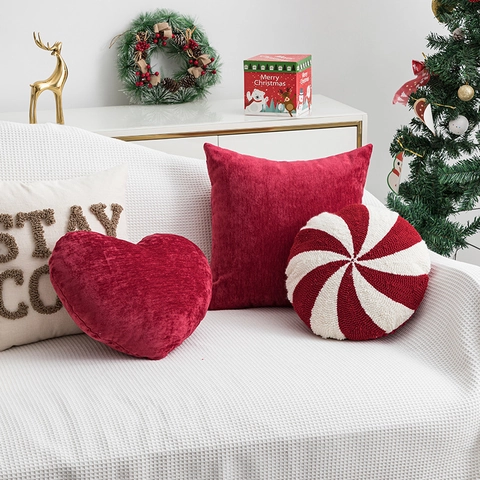 Weihnachts Kissenbezug Dekokissen Teddy Samt Stickerei Herz Zuckerstange Form Weicher Plüsch Sofa Home Dekor