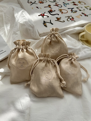 Linen Cotton Drawstring Storage Bag Embroidery Smile Face Portable Dustproof Small Jewelry Makeup Organizer Pouch