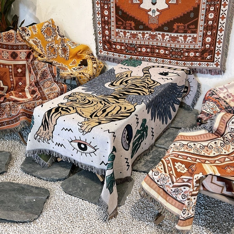 Coperta Intrecciata Tigre Alata Cotone Boemo Nappe Copridivano Picnic Campeggio Arazzo Da Parete Illustrazione Vintage