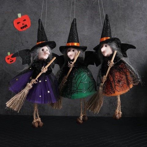 Halloween Hexe Puppe Anhänger Netz Tüllrock Mit Besen Und Kleinen Glocken Für Party Home Decor Gruselig Festlich