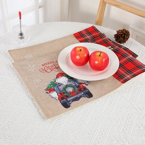 Manteles Individuales De Navidad Soporte Cubiertos Yute Lino Cuadros Decoración Mesa Tapete Aislado Vintage Gnomo Camión