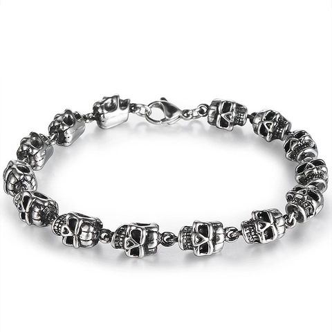 Pulsera De Calavera De Plata Retro Vintage Para Hombre Punk Rock Gótico Hip Hop Pulsera De Cadena De Esqueleto De Aleación Joyería