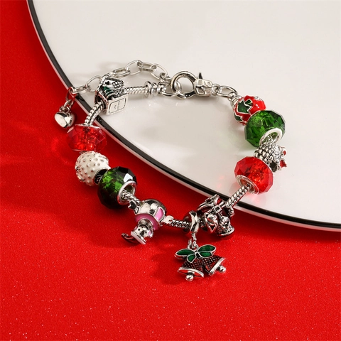 Bracciale Con Ciondoli Natalizi Babbo Natale Campanella Pendente Lega Rame Catena Serpente Perline Vetro Gioiello Festivo Regalo