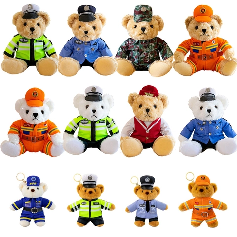Uniform Teddy Bear Plush Toy Series Police Firefighter Traffic Police Camouflage Rescue Team Stuffed Animal Keychain Rose Velvet Home Decor Gift