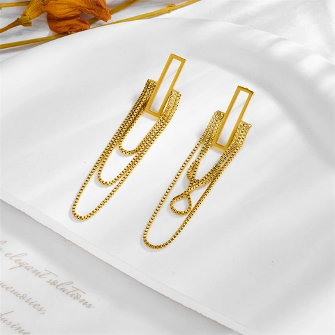 Mode Titanstahl Vergoldet Dreischichtige Boxkette Quaste Geometrische Rechteck Lange Hängende Ohrringe Für Damen Chic Schmuck