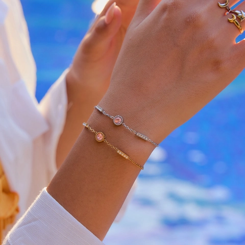 Stainless Steel Bracelet With Pink Round Zircon And Pave Bar Charms Elegant Light Luxury Hand Jewelry For Women