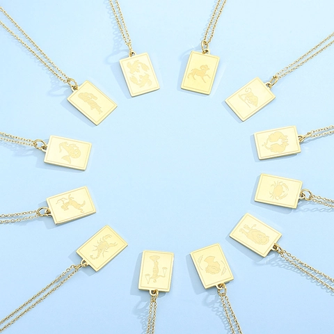 Collier Signe Du Zodiaque En Acier Inoxydable Plaqué Or 18K Pendentif Étiquette Rectangulaire Bijoux Constellation Vintage