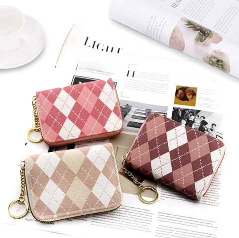 Argyle Pattern PU Leather Card Holder Accordion Style Zipper Wallet With Keychain Ring For Women Urban Simple Style