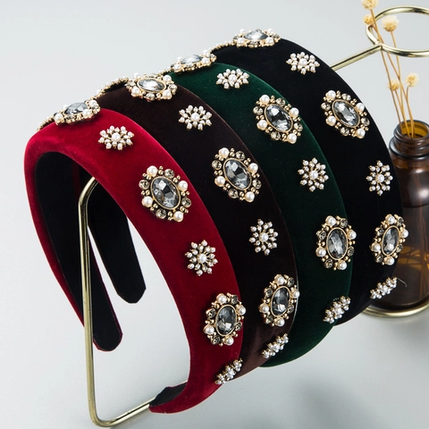 Baroque Padded Headband Velvet Artificial Pearl Rhinestone Vintage Wide High End Hairband Accessories For Women