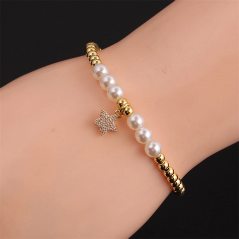 Bracciale Di Perline Di Rame E Künstliche Perle Imitazione Con Ciondolo Stella Fulmine Zircone Gioielli Alla Moda Donna
