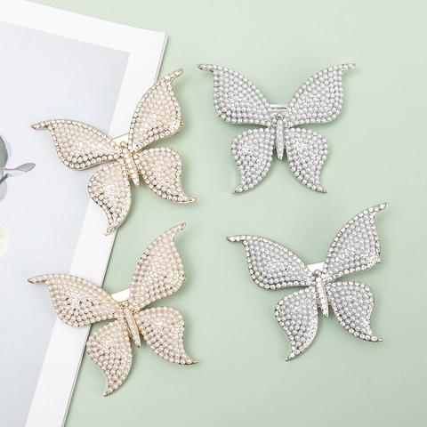 Large Butterfly Hair Clip Zinc Alloy Faux Artificial Pearl Rhinestone Elegant Spring Barrette For Women Girls