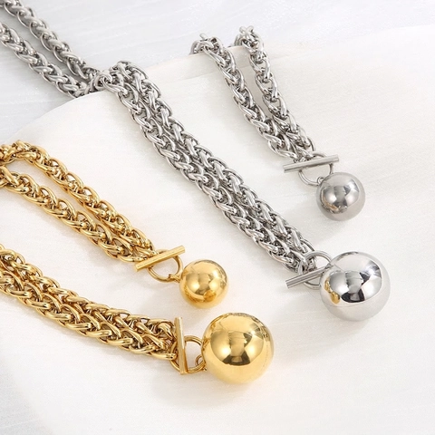 Chunky Wheat Chain Necklace And Bracelet Stainless Steel Polished Ball Pendant Toggle Clasp Hip Hop Bold For Women Men