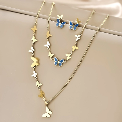 Set di Gioielli a Farfalla in Acciaio al Titanio Smalto Blu Strass Collana Orecchini a Bottone per Donna Accessori Moda Lusso