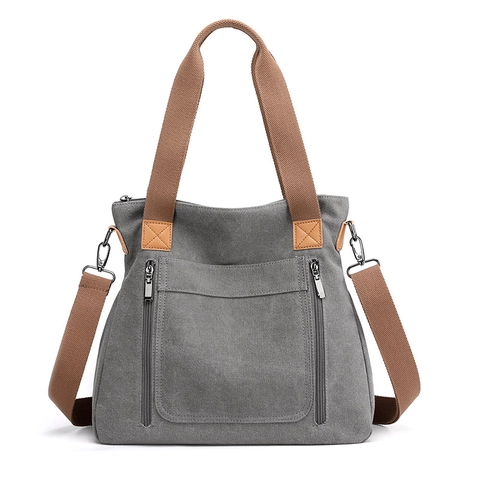 Women Canvas Shoulder Bag Multi Pocket Tote Handbag Casual Crossbody Travel Bag Zipper Closure Adjustable Strap Large Capacity