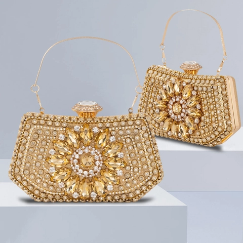 Luxury Gold Sunflower Rhinestone Evening Clutch Bag For Women Banquet Party Hard Shell Metal Frame Handbag