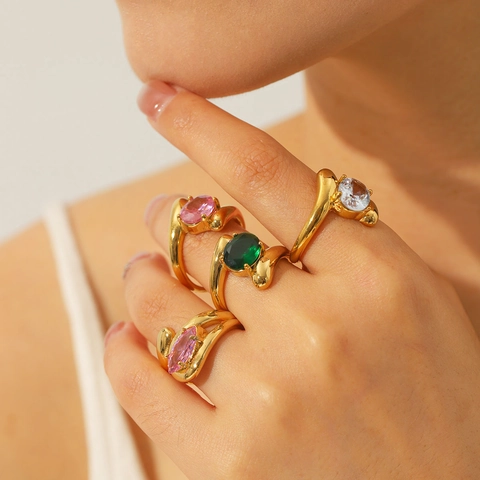 Bague Ajustable En Acier Inoxydable Zircon Coloré Design De Ligne Irrégulière Imperméable Bijoux De Luxe Pour Femmes