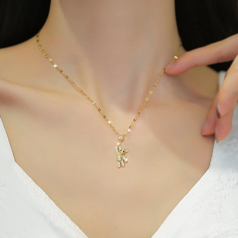 Goldbeschichtete Edelstahl Halskette Mit Funkelndem Strass Bären Anhänger Und Stern Schlüsselbeinkette Für Damen