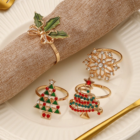 Servilleteros Árbol De Navidad Aleación Metal Dorado Con Diamantes De Imitación Esmalte Copo De Nieve Decoración