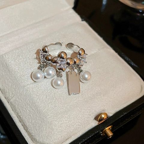 Anello Aperto Regolabile Con Perla Artificial Imitazione Pendente Zirconia Etichetta In Metallo Gioielli Geometrici Minimalisti Coreani