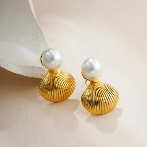 18 Karat Vergoldete Kupfer Ohrringe Mit Süßwasserperle Ginkgo Blatt Muschel Hänger Ohrringe Für Damen Modeschmuck