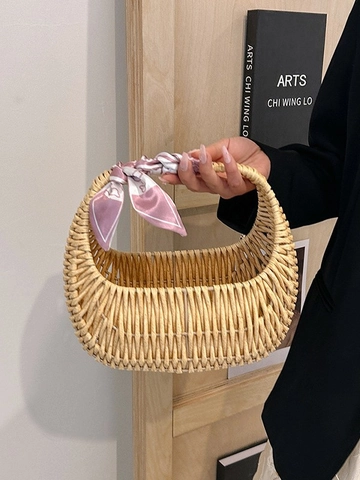 Borsa A Cesto In Paglia Intrecciata Rattan Borsa A Mano Con Decorazione Sciarpa Di Raso Vintage Estate Spiaggia Per Donna