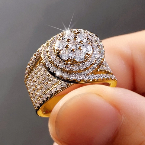 Bague Homme Hip Hop Cuivre Bling Zircone Iced Out Luxe Cluster Rond Bijoux De Mode Style Punk Accessoire