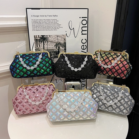 Women Sequin Evening Bag Sparkling Crossbody Handbag With Metal Frame Bead Handle Chain Strap Fashion Party Wedding Purse